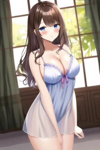[NovelAI] Negligee, Large breasts, Indoor, Wavy hair, Medium hair [Illustration]